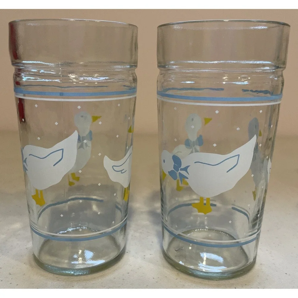 Vtg Set 4 Geese Goose Duck Glasses Cups Blue Ribbon Bow Libbey Anchor Hocking